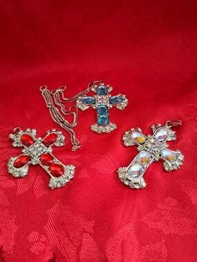 Three Crystal Cross Pendant Necklace Pendants  Red, Blue, and Iridescent.